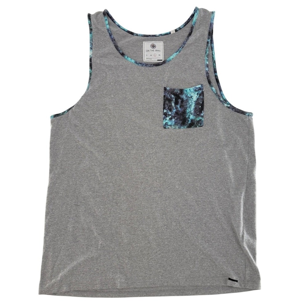 On The Byas Mens Heather Grey Galaxy Print Pocket Tank Top Large Space Trim - Picture 6 of 8